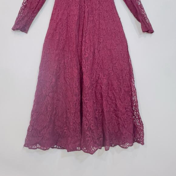 Vintage All That Jazz Burgundy Lace Maxi Dress Slip Set V-Neck Long Sleeve 7/8 - Picture 4 of 10